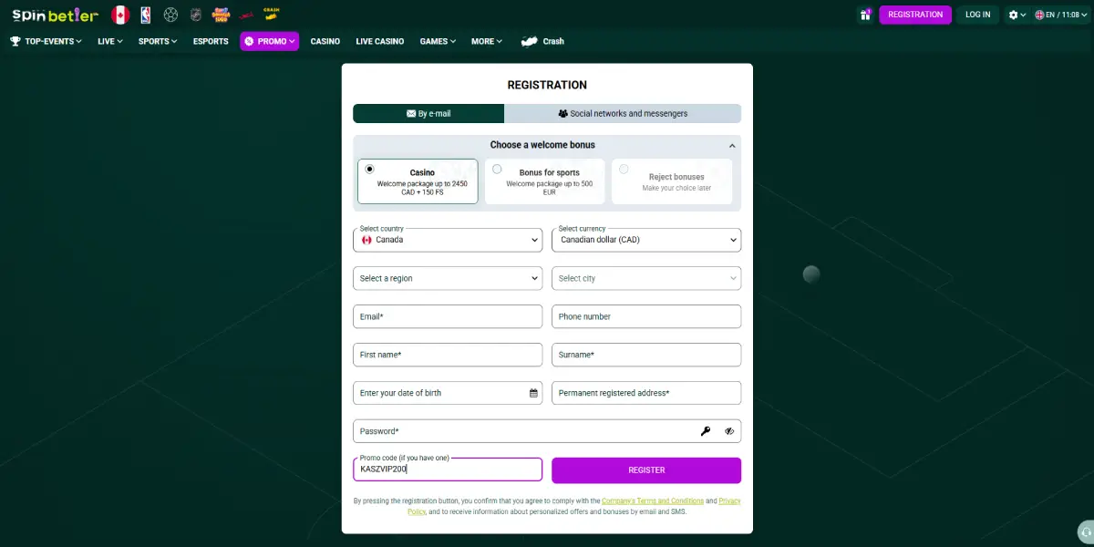 SpinBetter Casino registration page preview