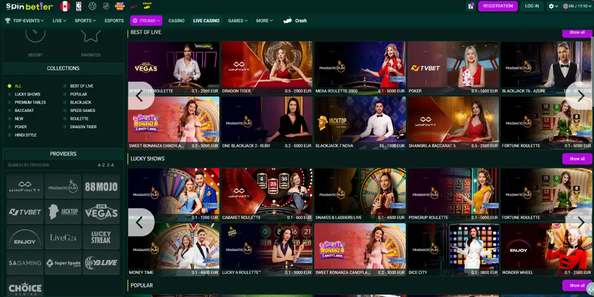 SpinBetter Casino live game selection preview